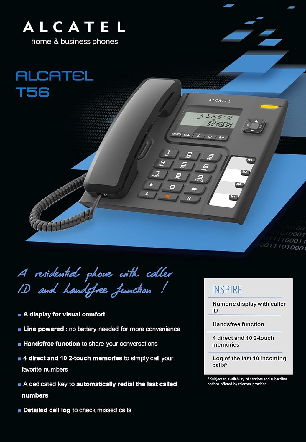Alcatel T56 Corded Landline Phone With Caller Id And Handsfree Black (Pack Of 10)