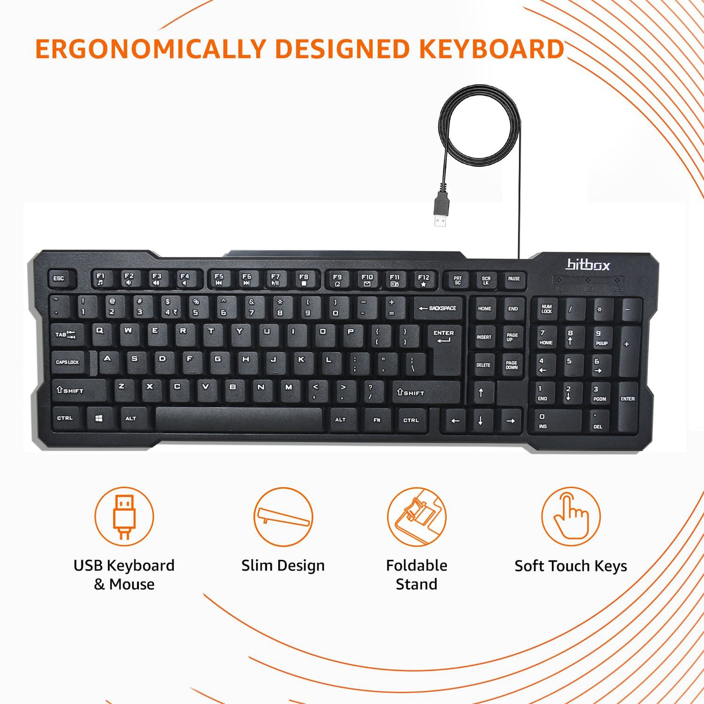 Bit-io by BitBox BBKM02 Wired Keyboard and Mouse Combo with Instant USB Plug-and-Play Setup, 12 Shortcut Keys, 6° Adjustable Slope Keyboard and 1600 DPI Optical Sensor Mouse