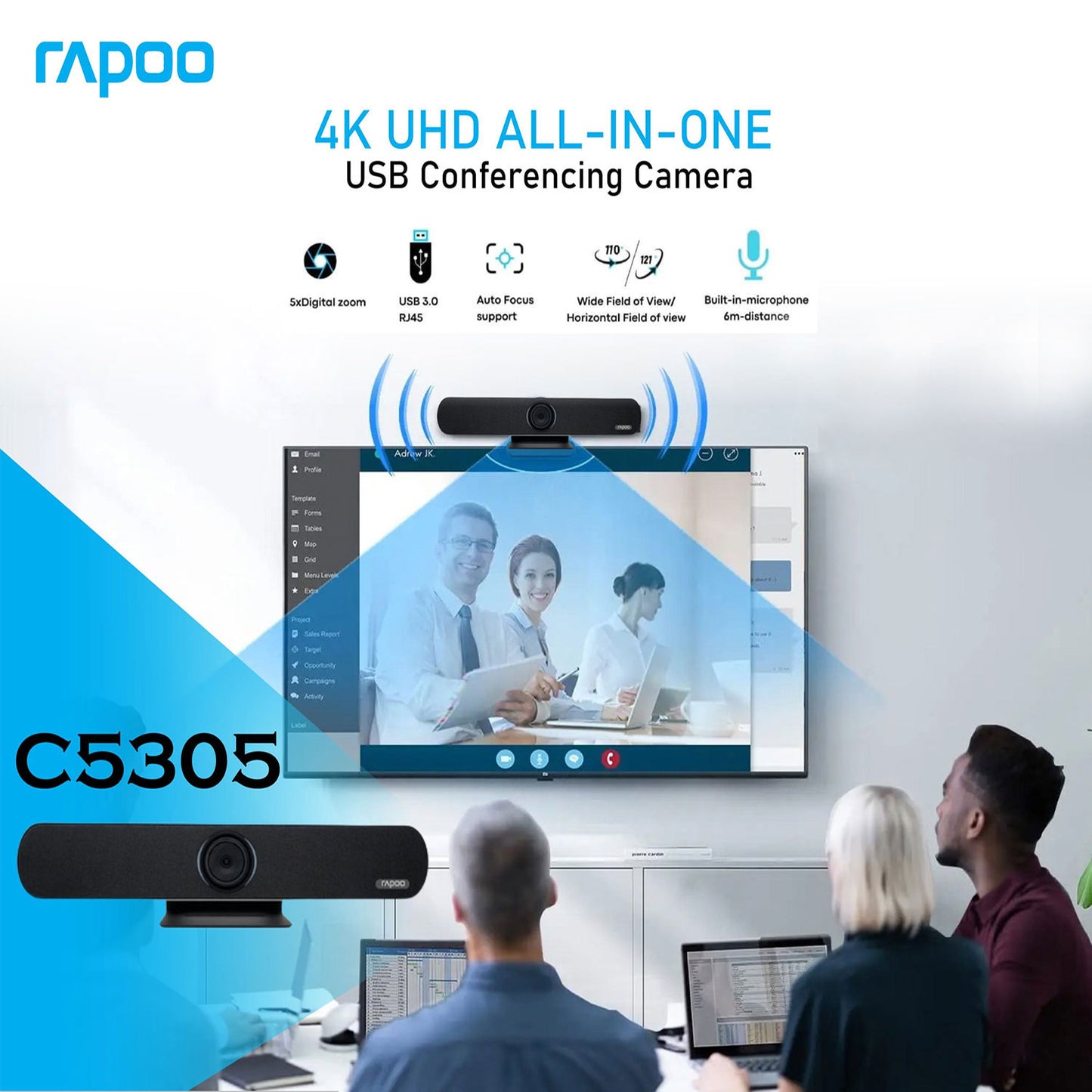 Rapoo C5305 Ultra 4K HD All-In-One USB Video Conference Webcam Full frequency Hi-Fi loudspeaker, support HDMI 1.4b, USB3.0 for Zoom/Skype/Teams, Conferencing and Video Calls