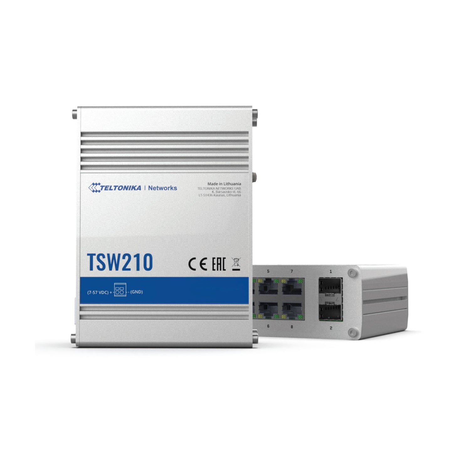 Teltonika TSW210000000 Unmanaged Industrial Switch, Rugged Aluminum Housing, 2 x SFP Ports for Long-Range Fiberoptic Communication, 2-Pin Industrial DC Power Socket, 8 x Ethernet Ports