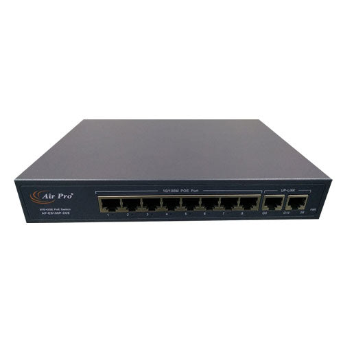 AirPro AP-ES108-2GE 10-Ports PoE Switch with 8 PoE 10/100M Ports and 2 Uplink 1000M